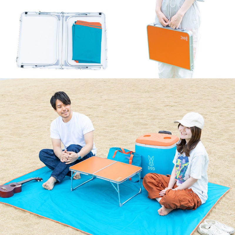 DOD提供のオレンジ色TB2-270-ORの収納例。左上のシートは別売り、下の使用場面に写る周辺用品も同梱品ではありません。