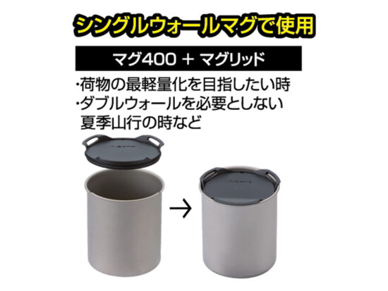 メーカーのシングルウォール使用図。マグ400とマグリッドの組合せです。加熱中はリッドを外します。
